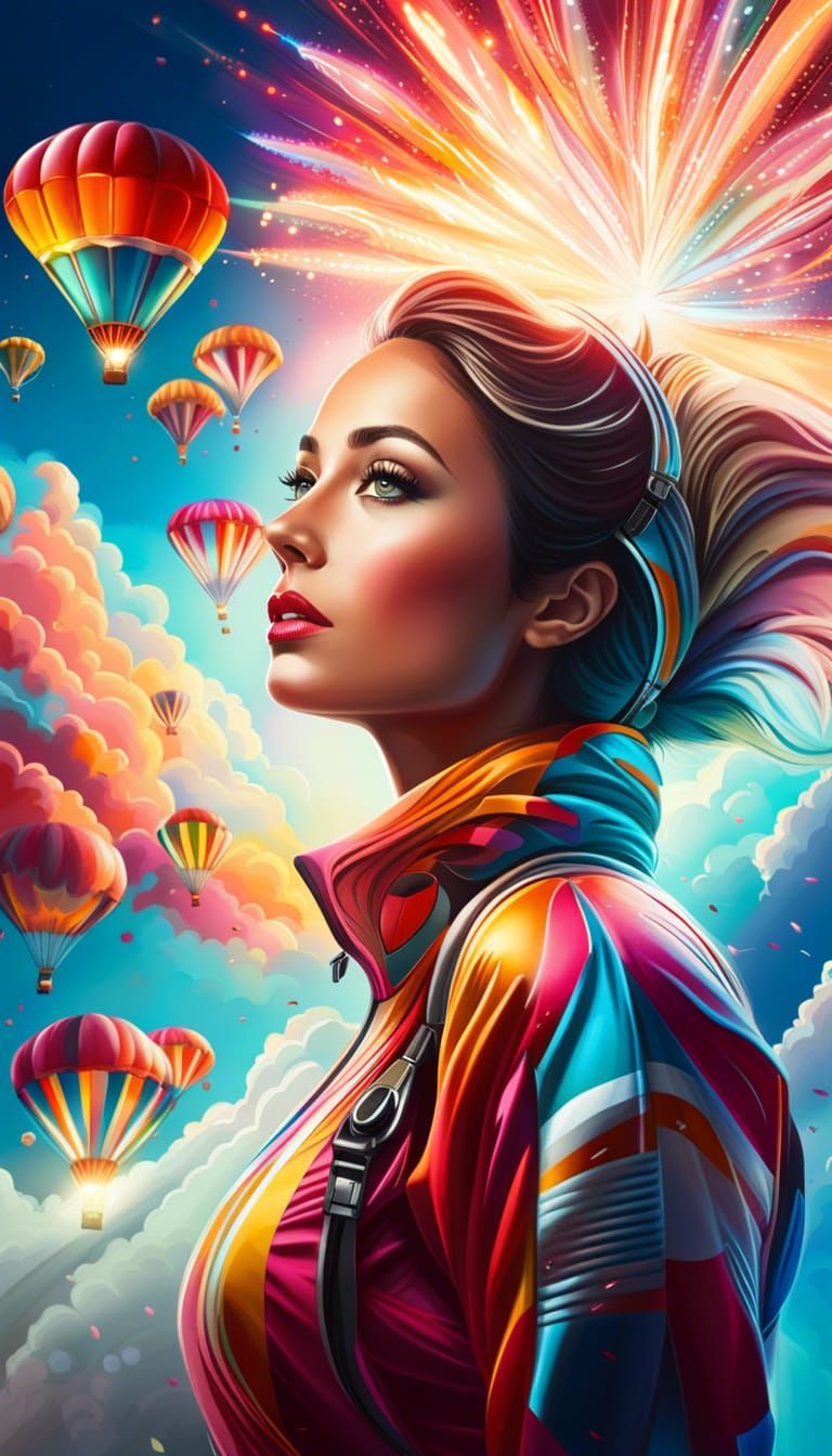 Thrilled Skydiver Amidst Fireworks, Neo-Fauvism Style