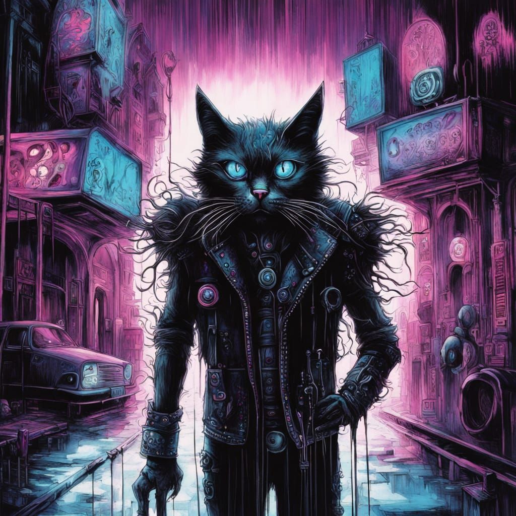 Goth Cat Chases Terrified Dog in Neon City