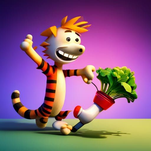Calvin and Hobbes Eating Salad: Pixar-Style 3D Art