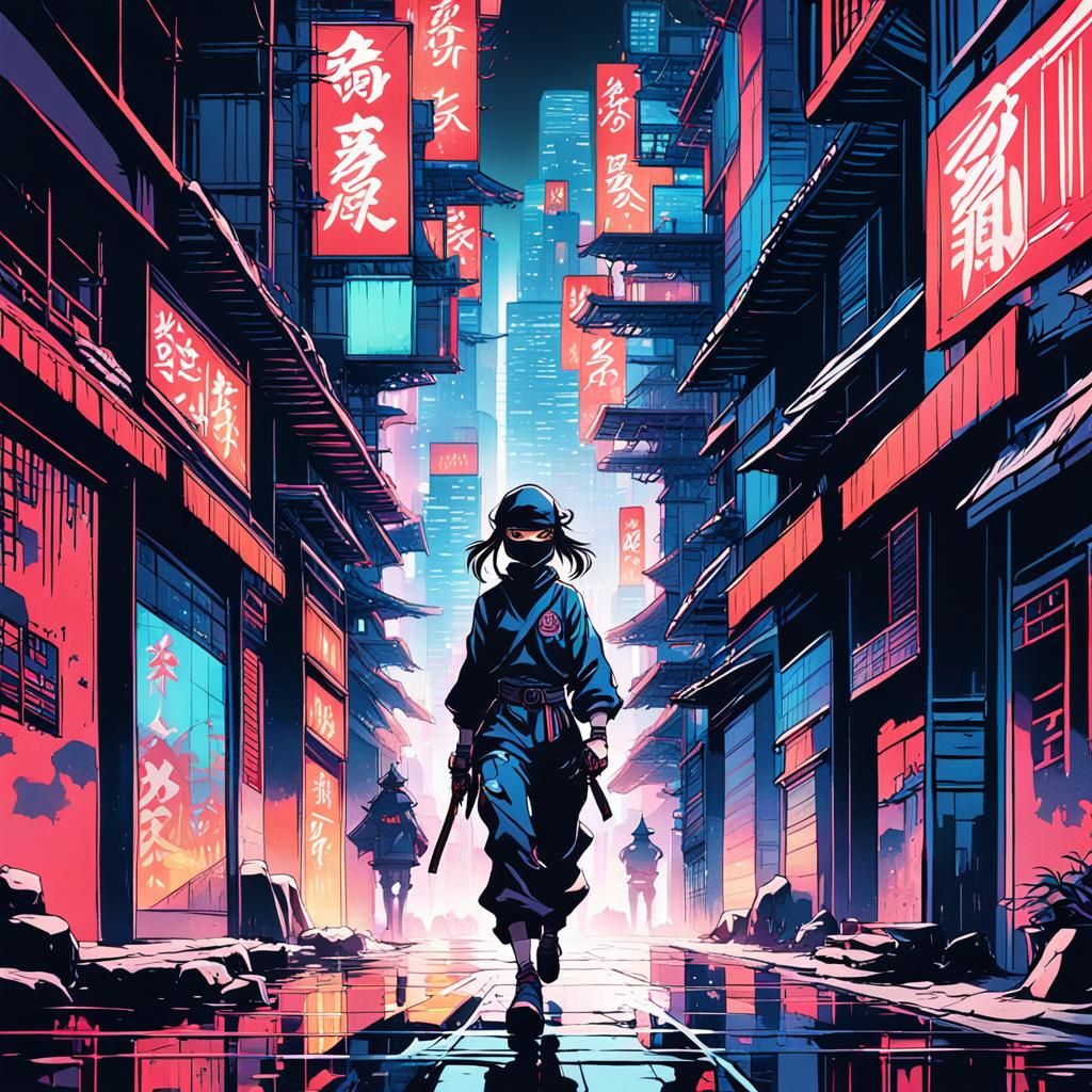 Cel-Shaded Anime Ninja in Vivid Neon City