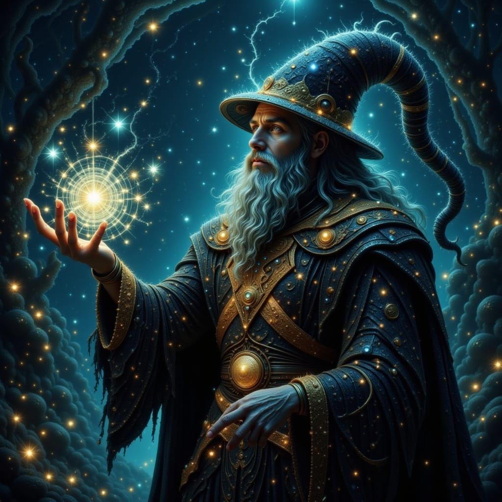 Mystical magical wizard holding glowing orb
