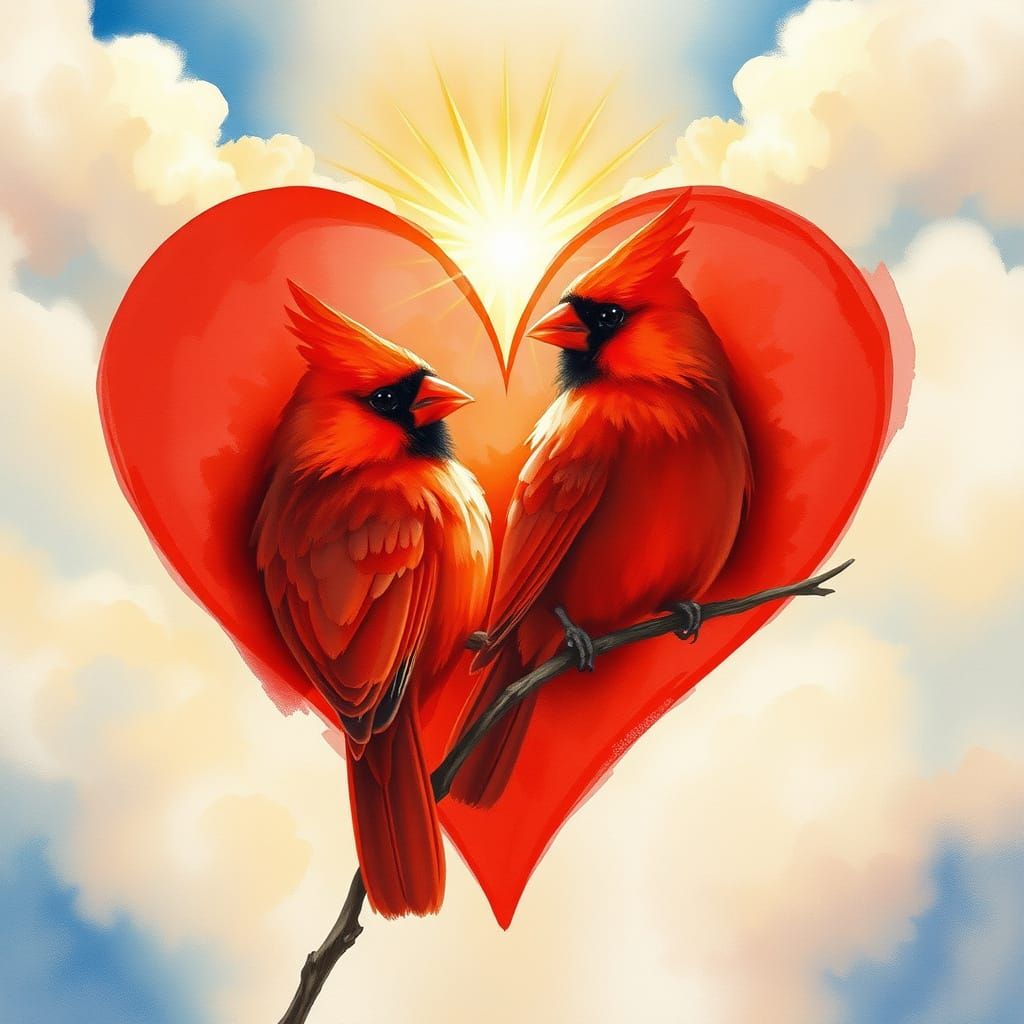 Scarlet Cardinals Within a Crimson Heart, Watercolor Style
