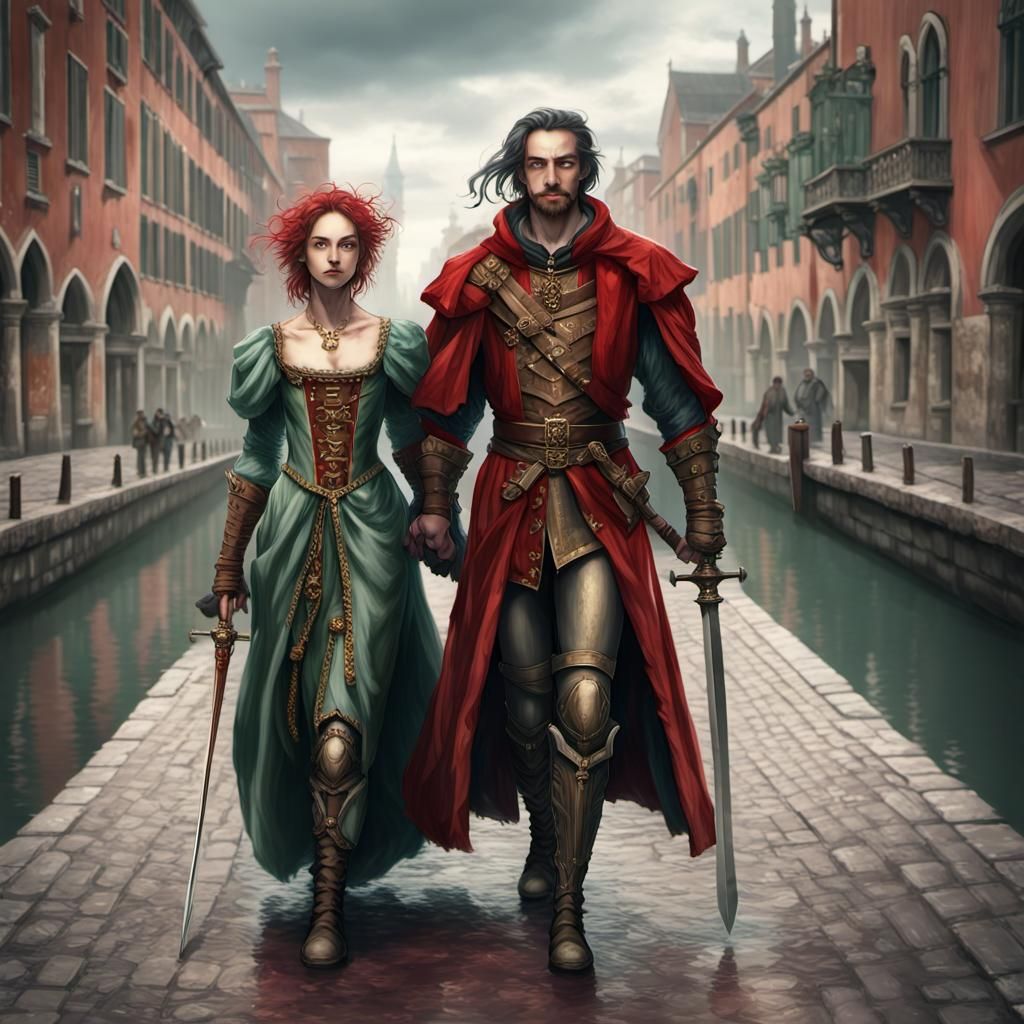 Renaissance Couple Stroll Through City in Dark Fantasy Art