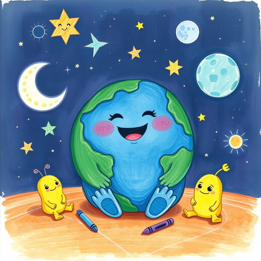 Chubby, happy Earth sits on a cosmic floor with crayons, drawing stars, moons, and silly alien friends. Crayon and color...