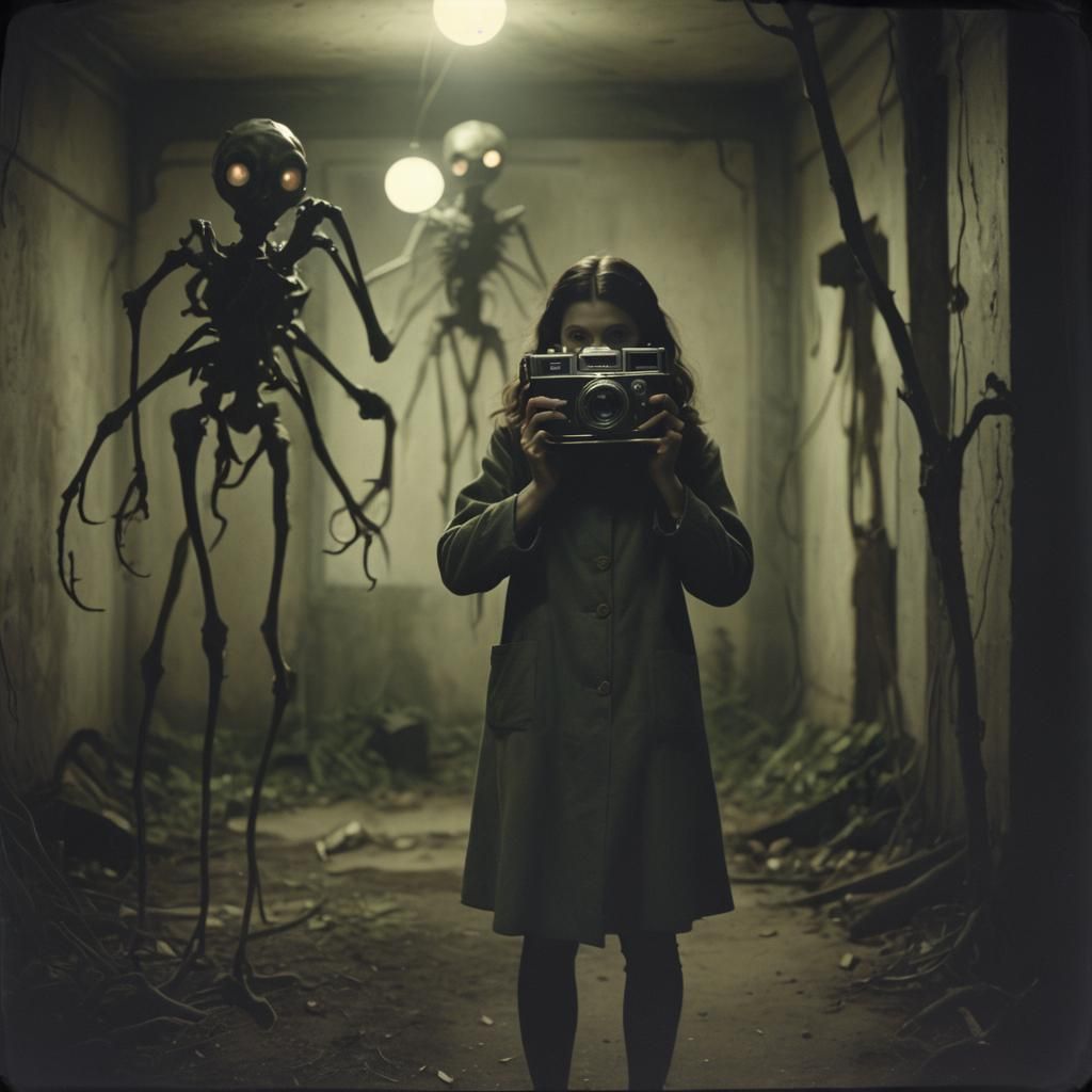 Eerie Photo: Woman, Vintage Camera, Lurking Monster