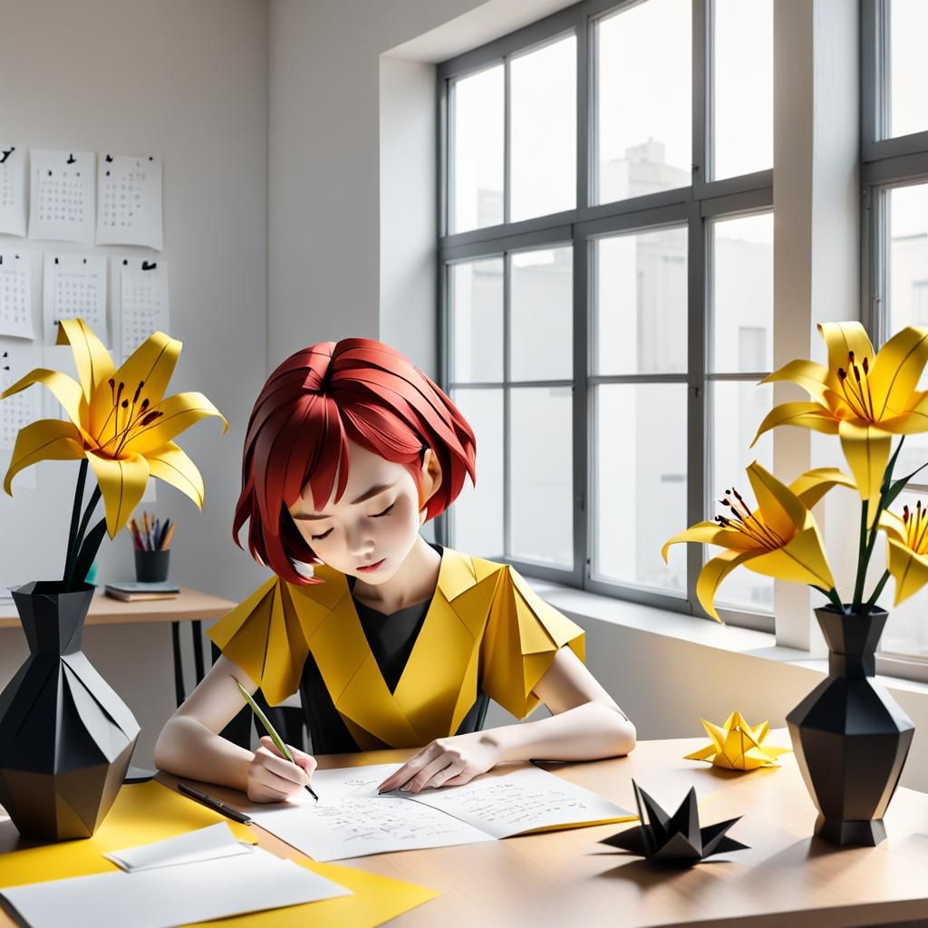Girl with Red Hair Writing Script in Papercraft Style