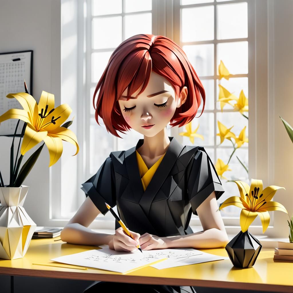 Girl with Red Hair Writes Script Near Window