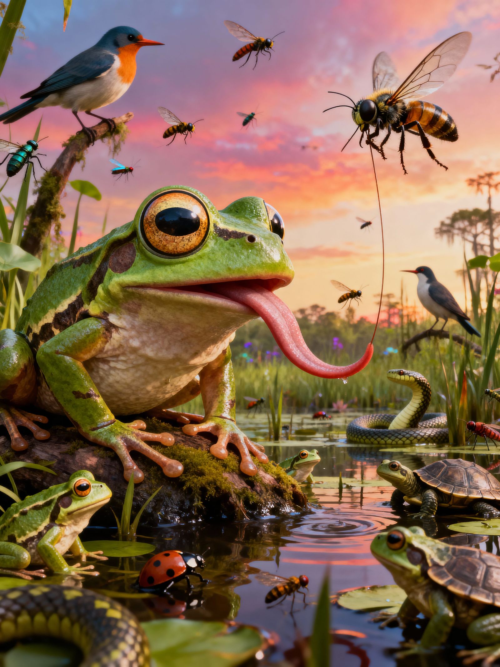 Whimsical Frog Catches Fly in Vibrant Swamp