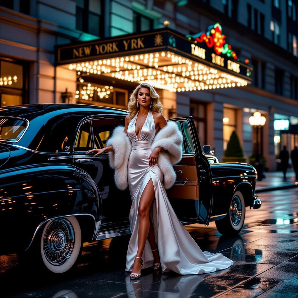 Glamorous Woman Emerges from Limousine, 1940s Style