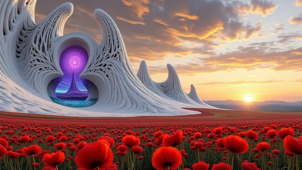 Ancient City of Alien Relics in Vibrant Poppy Field