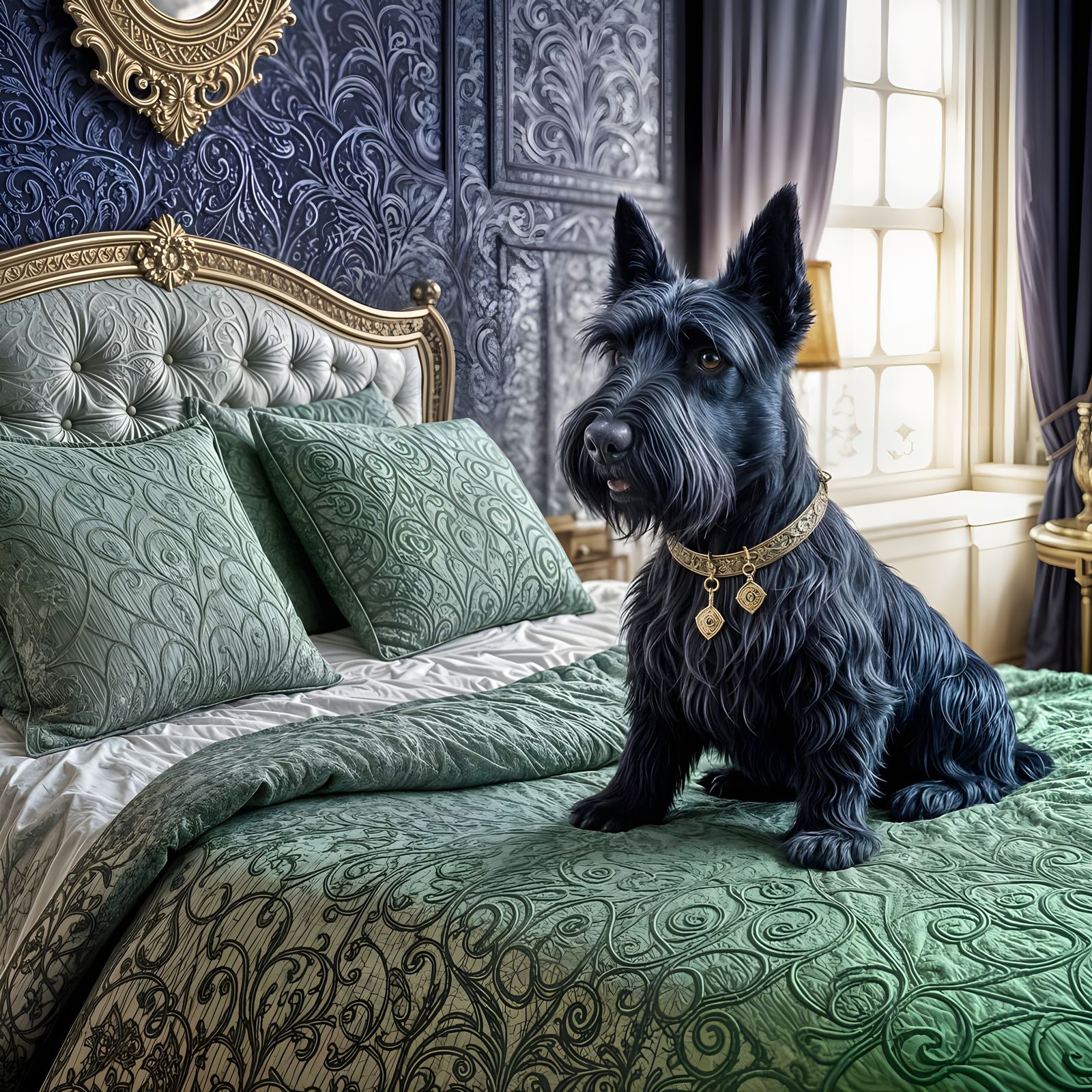 Fantastical Scottish Terrier in Whimsical Bedtime Scene