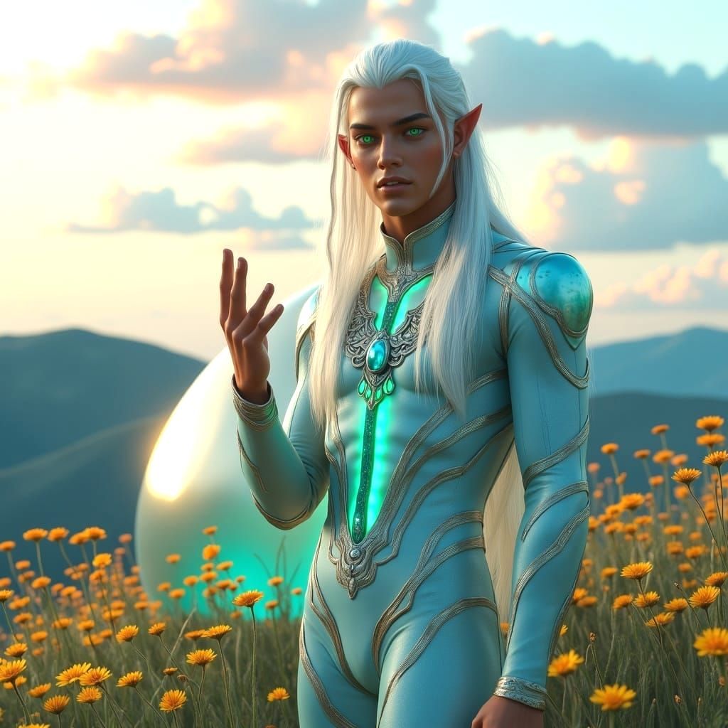 Ethereal Star Man in Futuristic Attire, Surrounded by Serene...