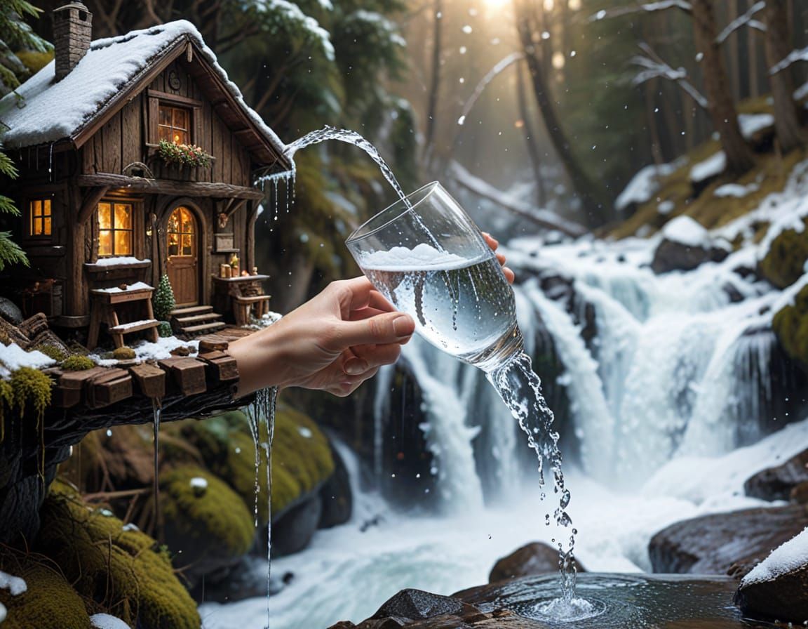 Snowy Mountain Waterfall Collecting Pure Water in Glass
