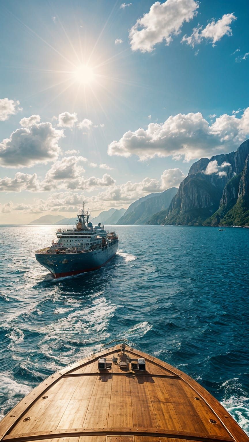 Panoramic Seascape with Distant Mountains and Golden Sunligh...