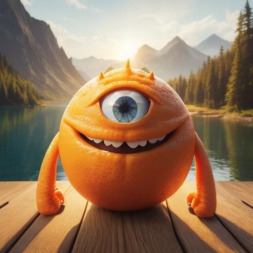 Hyperrealistic Orange Monster and Sunset Lake
