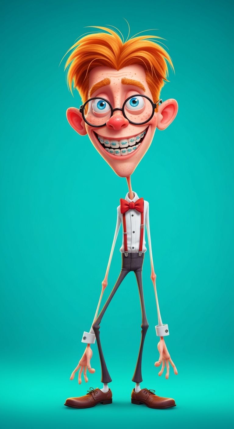 Nerdy Cartoon Character with Ginger Hair and Freckles