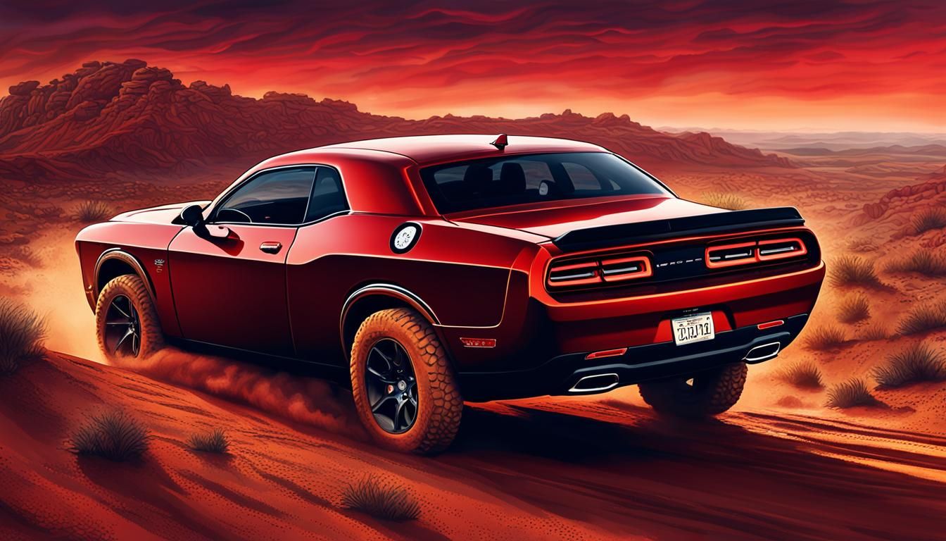 Red 2023 Challenger on Dirt Trail: Digital Matte Painting