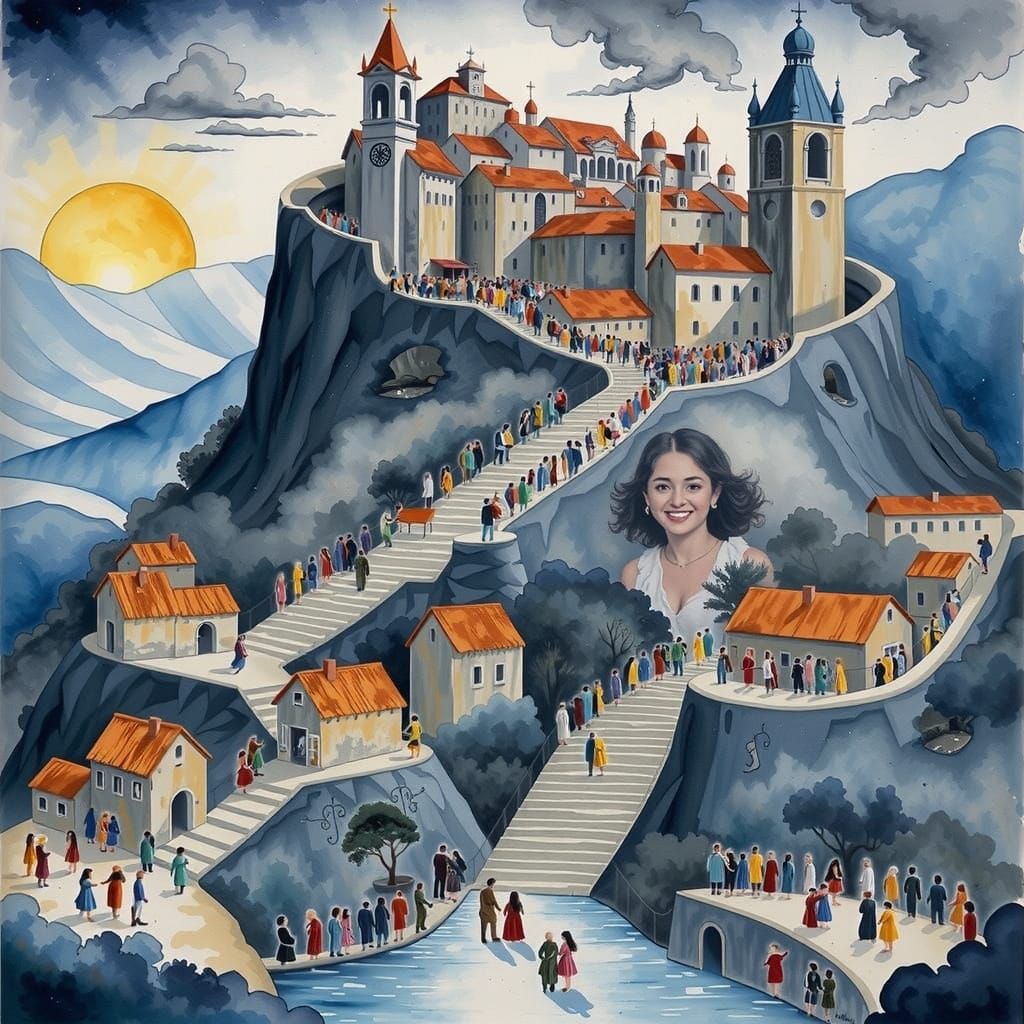 Joyful City Scene with Handwritten Banner in Vibrant Colors