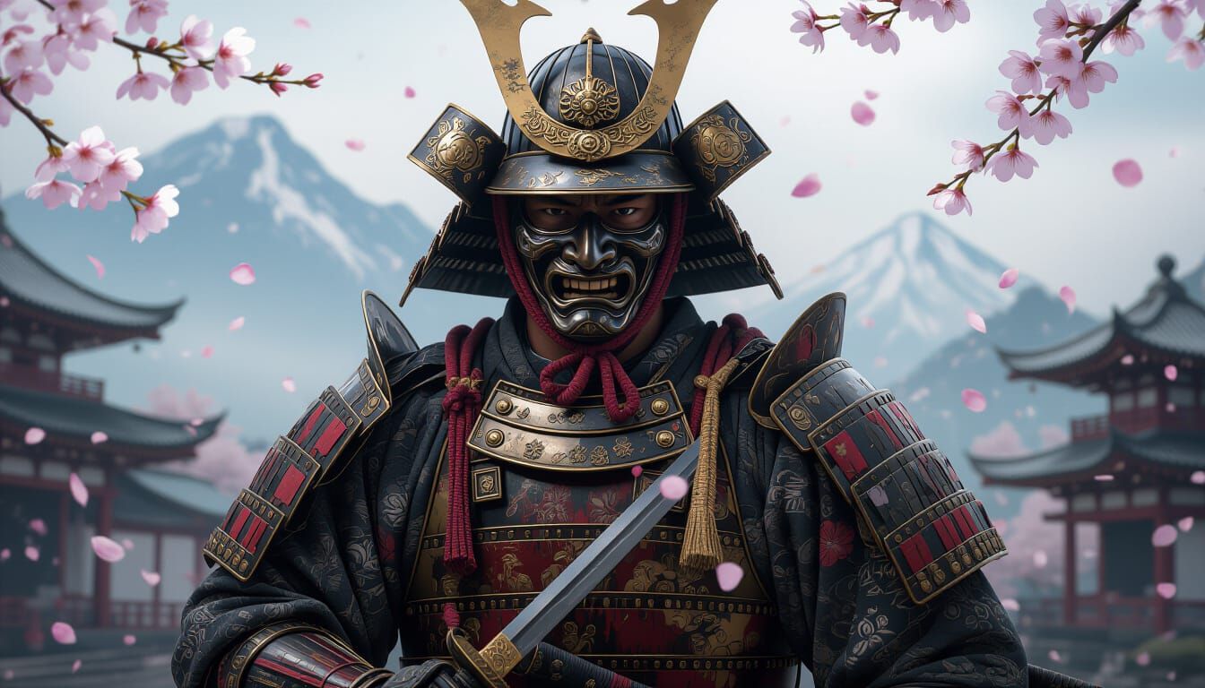 Stoic Samurai in Battle-Worn Armor with Cherry Blossoms