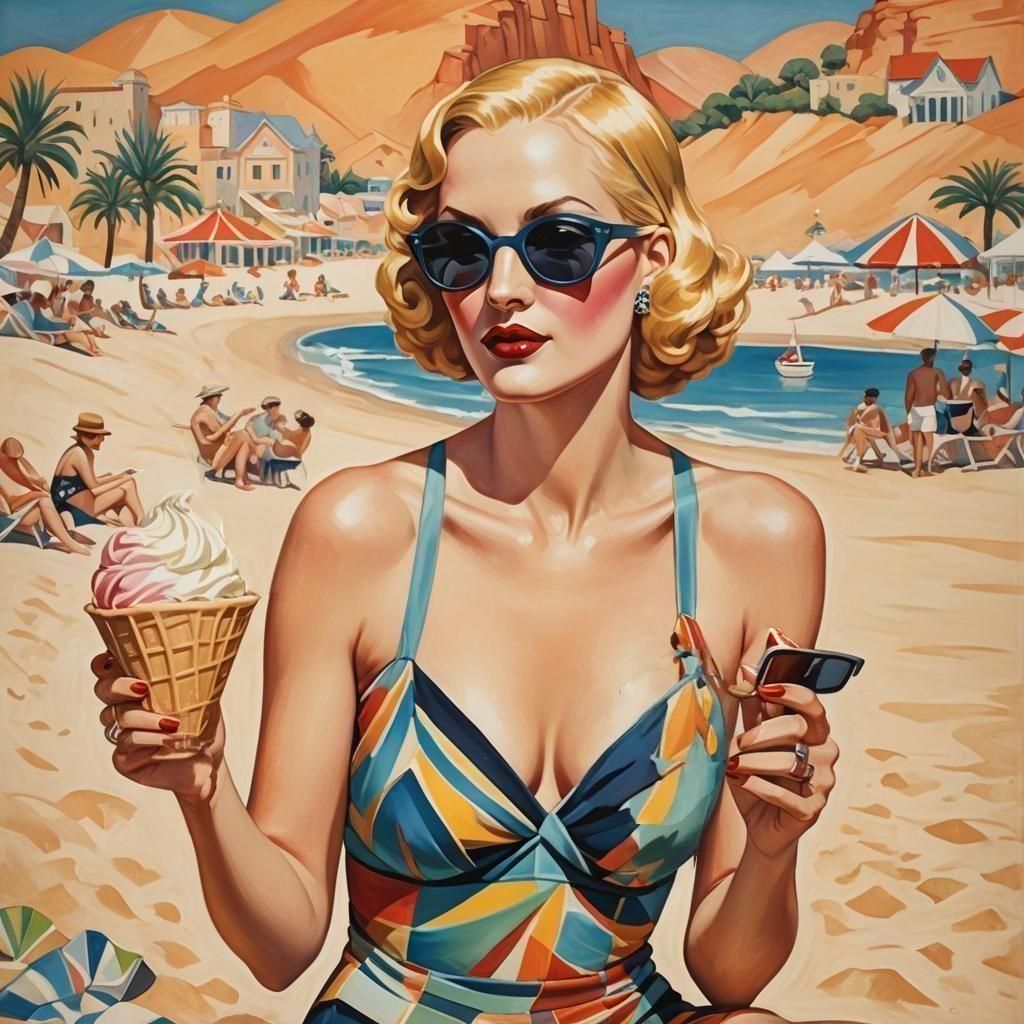 1920s Woman on Beach with Ice Cream: Lithograph Poster
