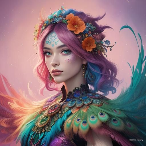 Fantasy Woman with Peacock Feathers in Digital Art