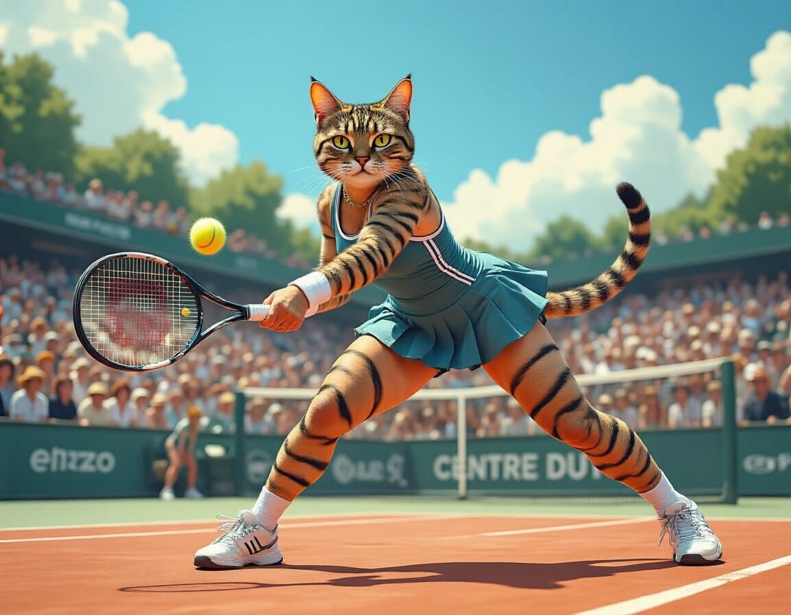 Tabby Cat Tennis Champion in Digital Painting Style