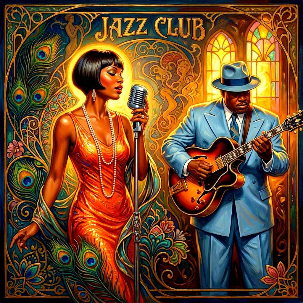 Art Deco Jazz Club Scene with Singers and Guitarist