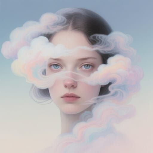 Ethereal Airbrush Portrait of Woman in Pastel Clouds