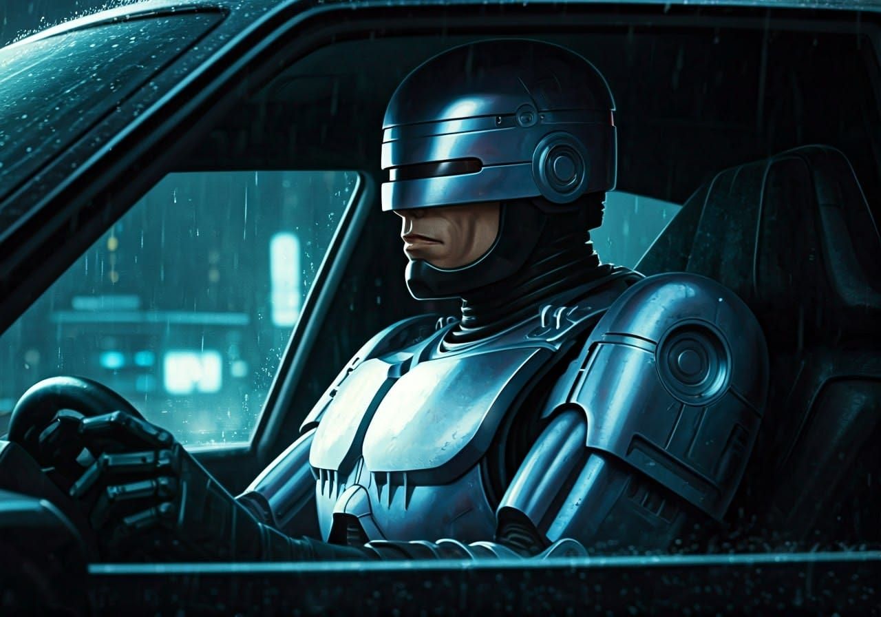 RoboCop Patrolling Rainy Detroit Streets in Futuristic Squad...