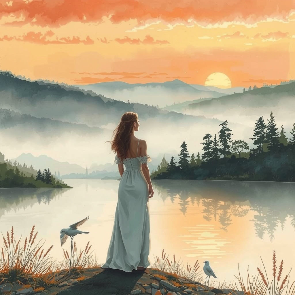 Romantic Gray and Coral Sunset Landscape