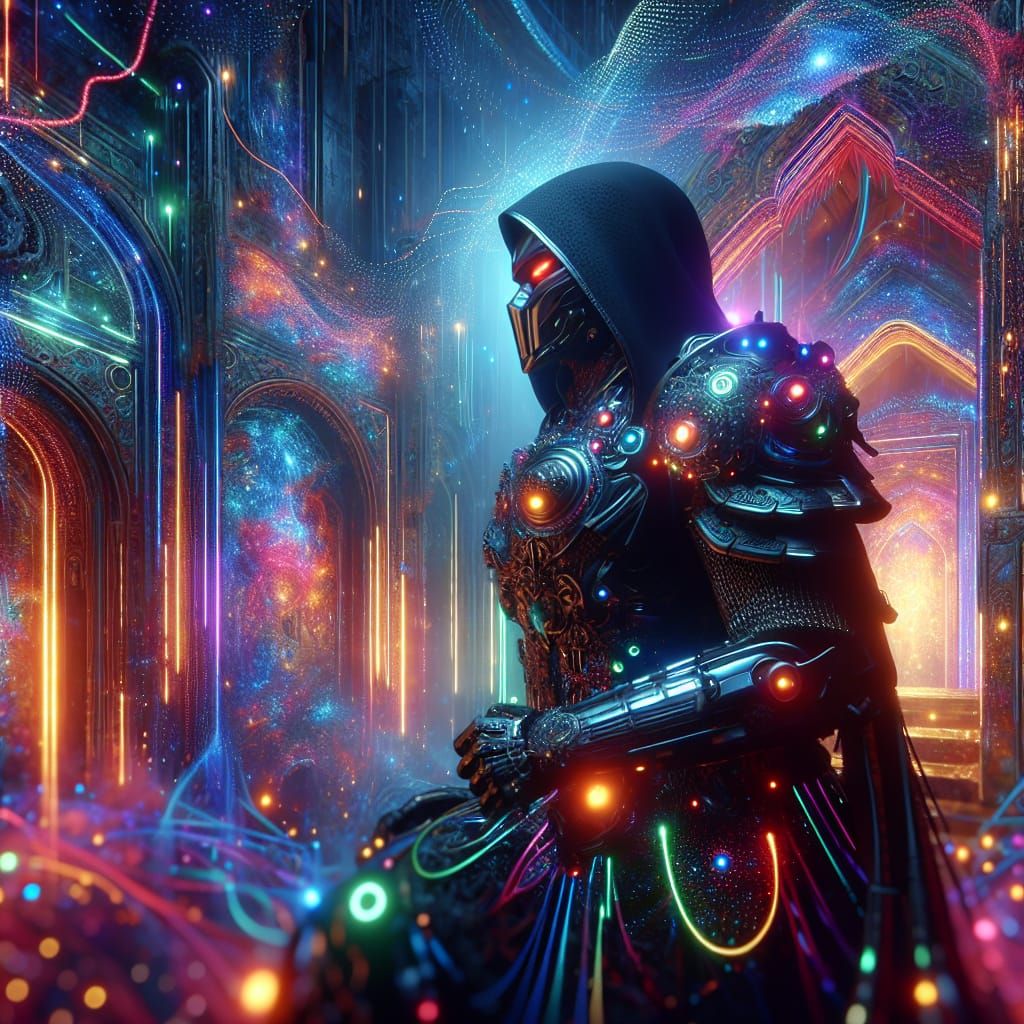 Cyberpunk Middle Eastern Knight Guards Futuristic Shrine