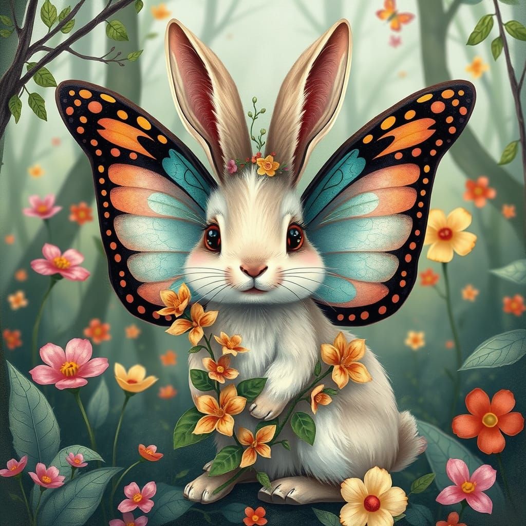 Butterfly Rabbit in Whimsical Forest, Digital Art