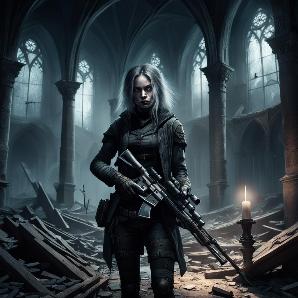 Gothic Sniper in Ruined Church: Dark Fantasy Art