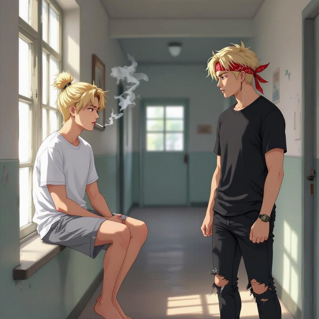 Jimin-like Man Smoking in Dorm Hallway
