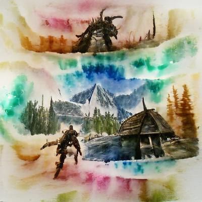 Skyrim-Inspired Watercolor Landscape