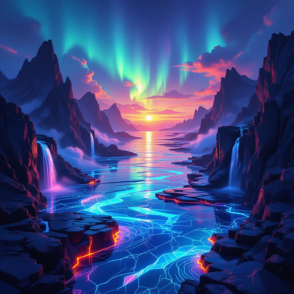 Surreal Luminous Magma Coastline with Aurora Sky