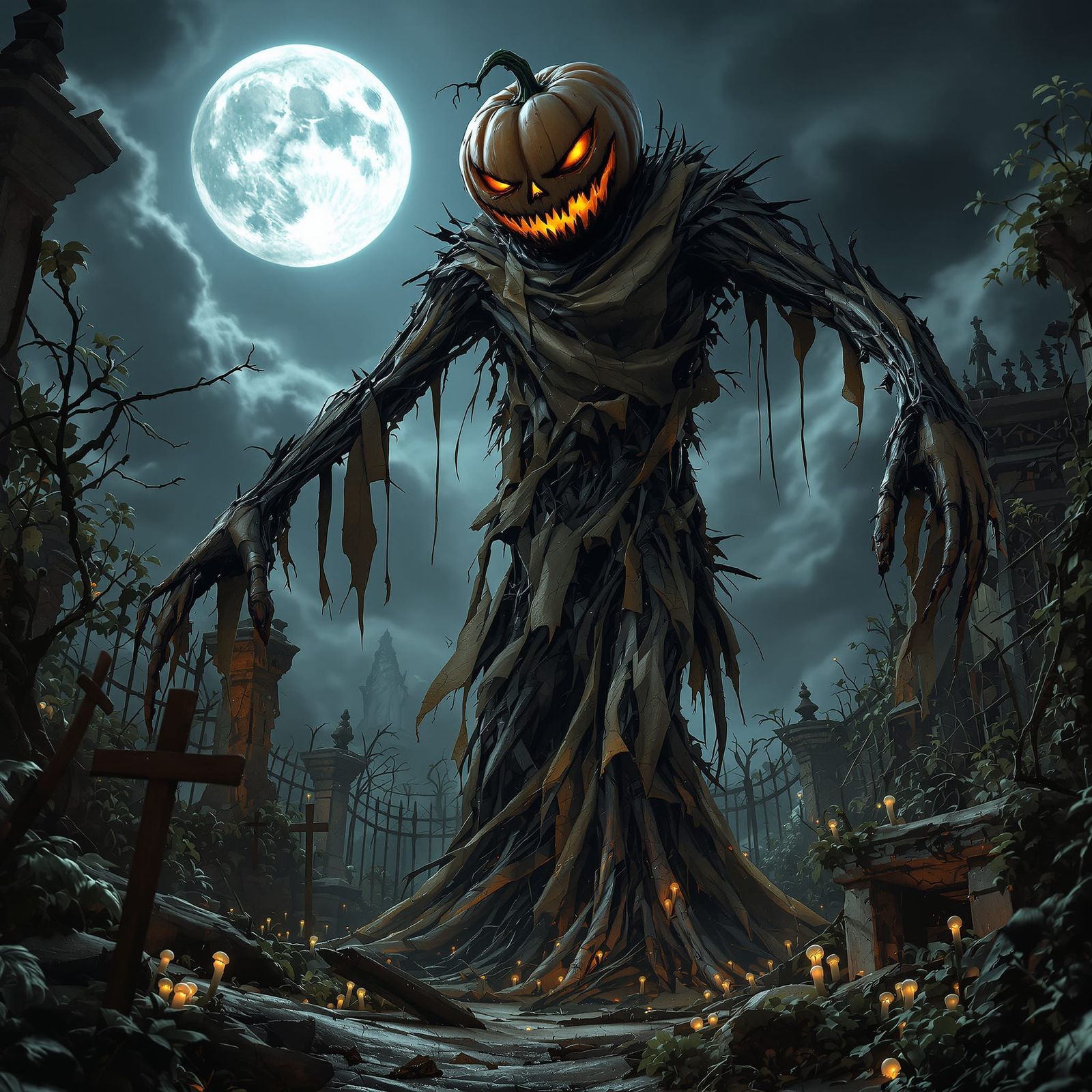 Grotesque Scarecrow in Moonlit Forgotten Garden
