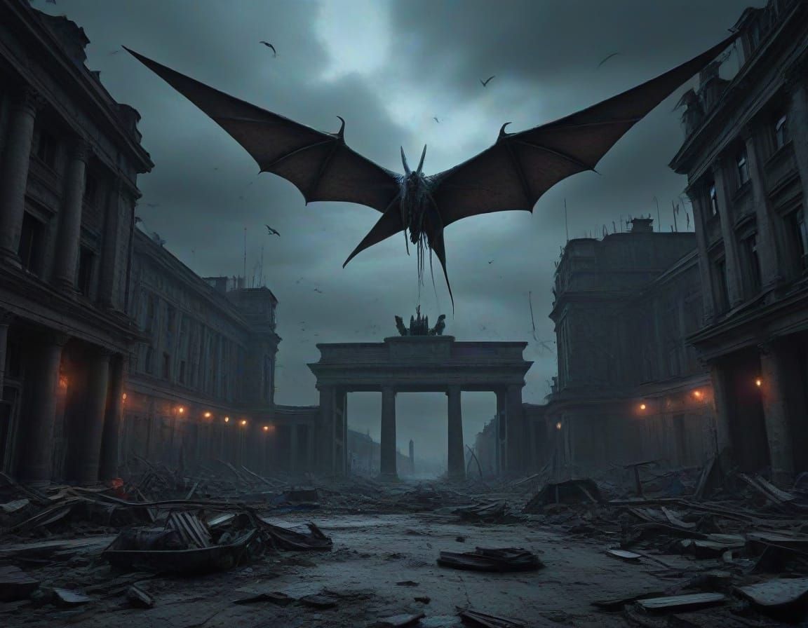 Cyberpunk Pteranodon soars over Ruined Berlin