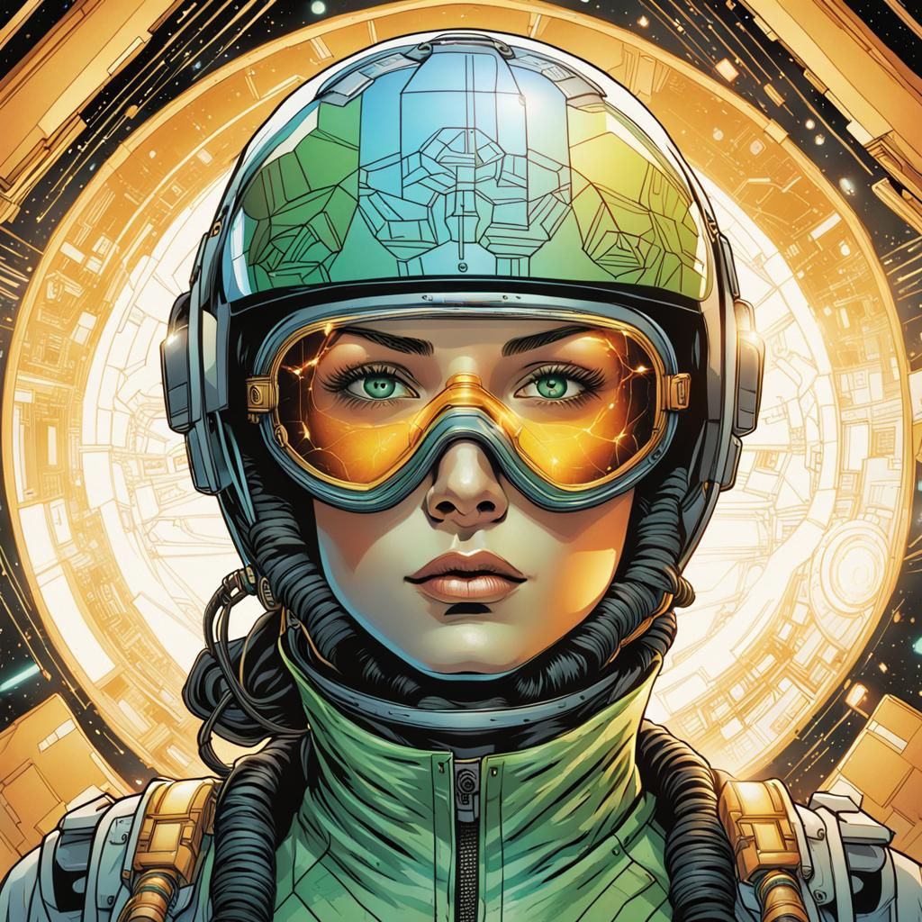 Futuristic Woman with Geometric Helmet in Comic Book Art