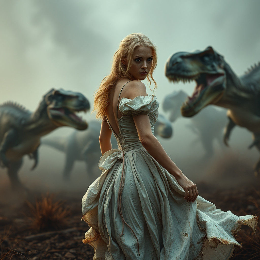 Blonde Woman Running from Dinosaurs in Fantasy Art