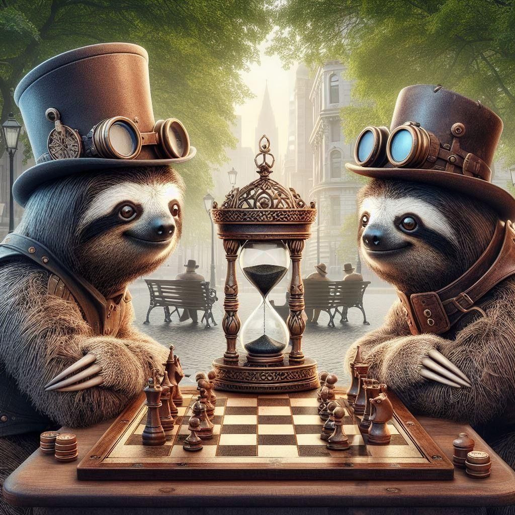 Steampunk Sloths Playing Chess in City Park