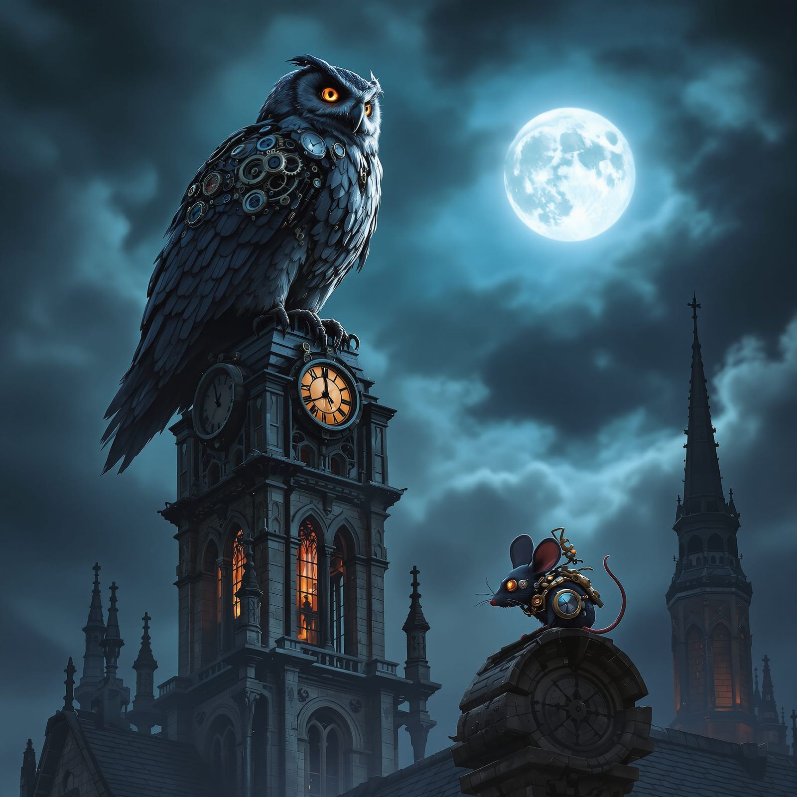 Clockwork Owl Over Gothic Cathedral in Moonlit Storm