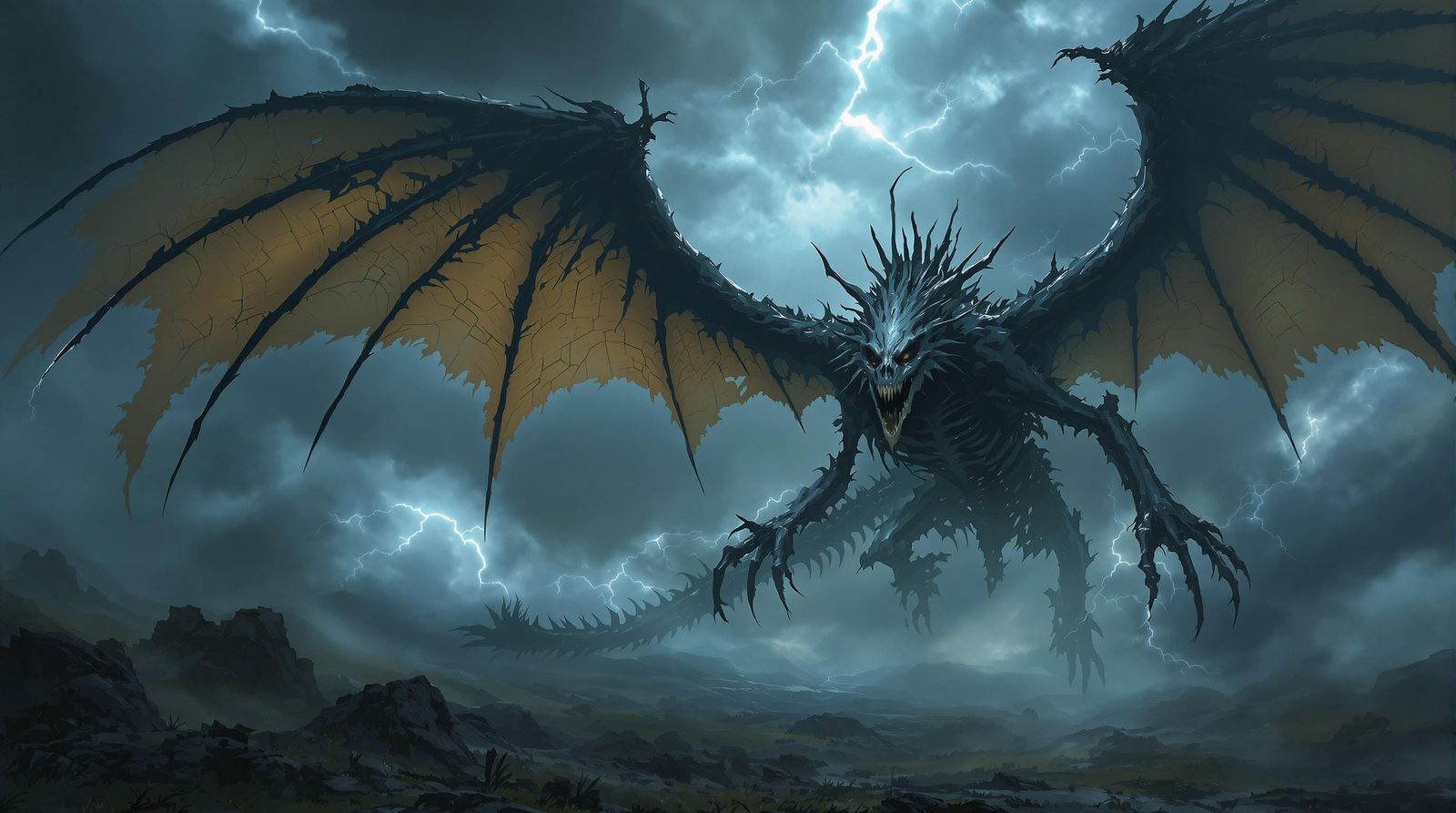 Colossal Skeletal Dragon Soars Through Dark Fantasy Storm