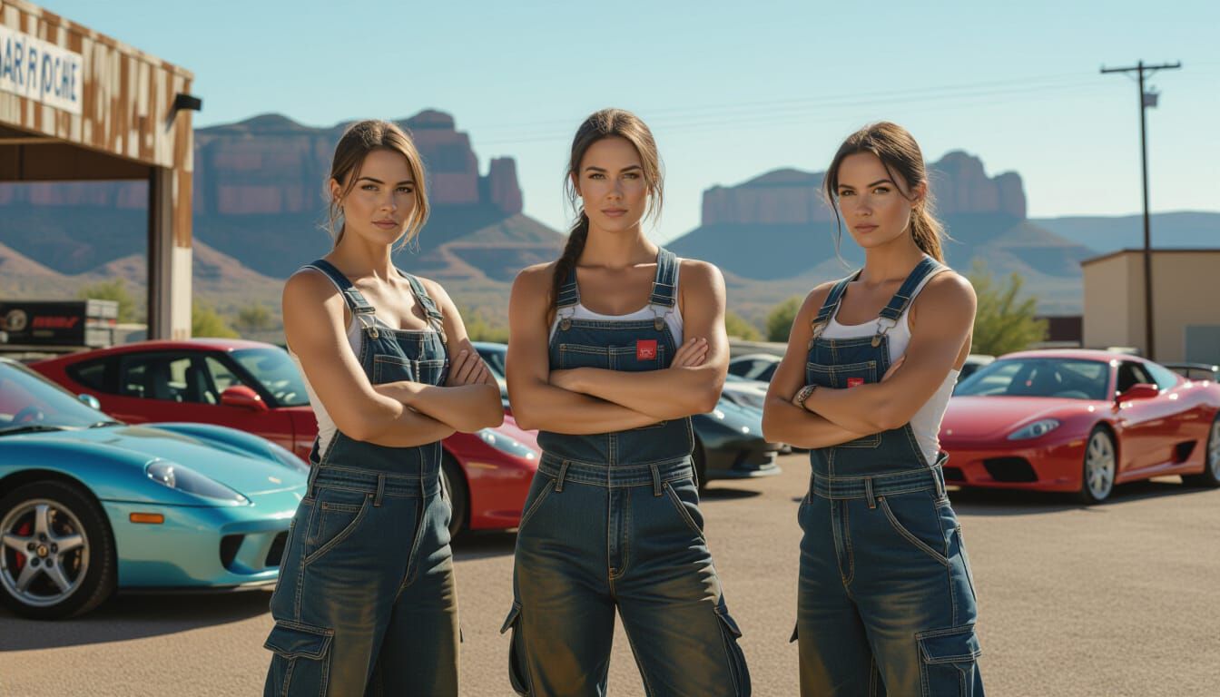 Tough Female Mechanics in Sun-Drenched Garage