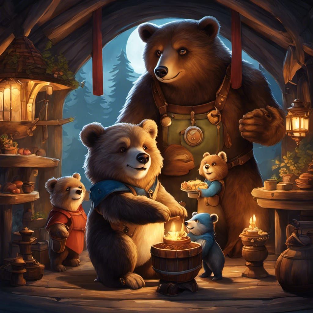 Fantasy Bears and Girl in Medieval Forest
