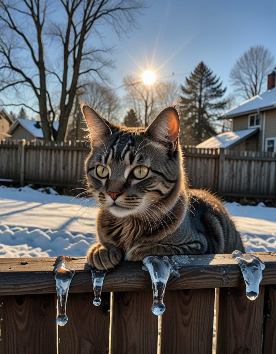 Winter's Icy Beauty: Cat's Sunny Reflections