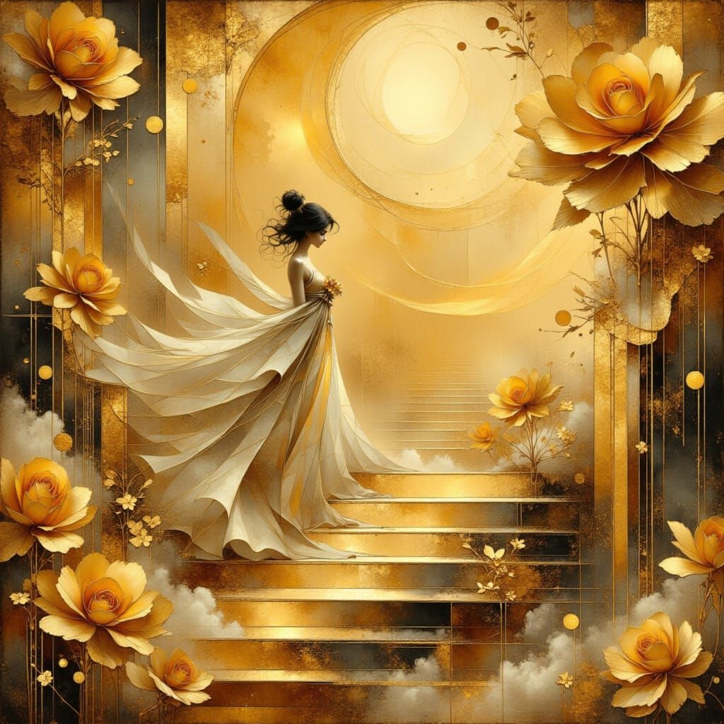 <lora:Akimora:1.0> <lora:Abstract Romanticism:1.0> a *golden angel* with perfect wings walks up her stairway to heaven s...