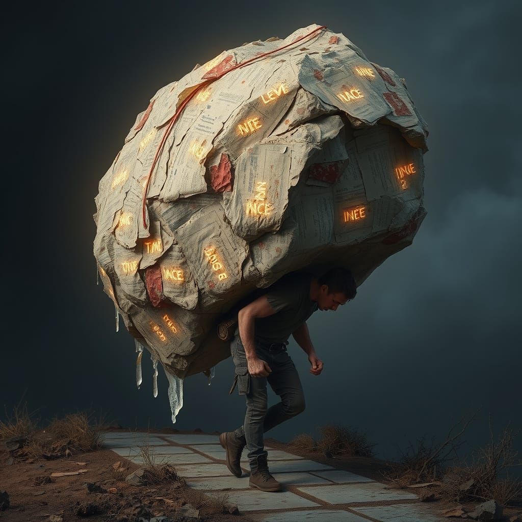 Burdened Man with Rock Made of Words as Digital Art