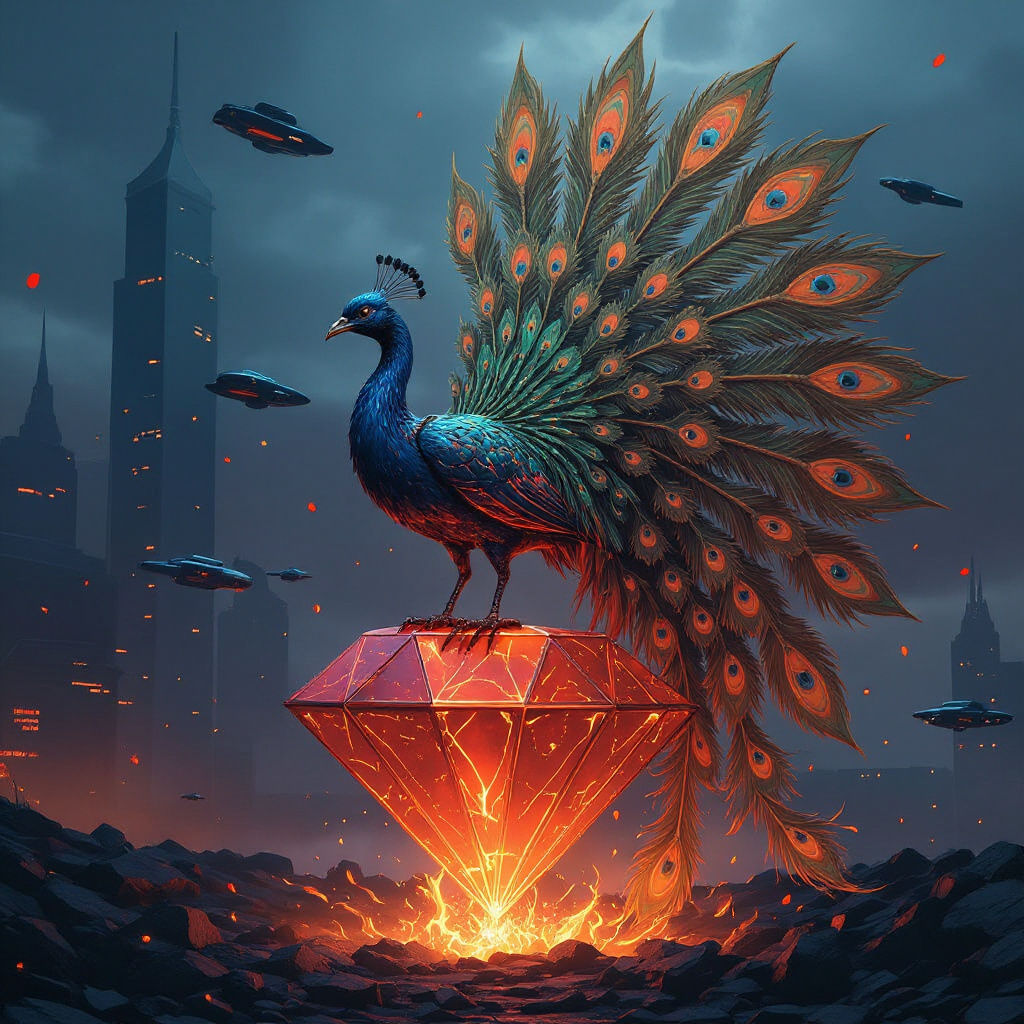 Cyberpunk Phoenix Rising From City Ashes