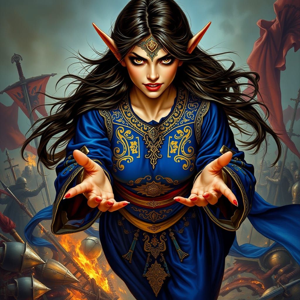 Medieval Elf Maiden Levitates Above Battle Scarred Landscape